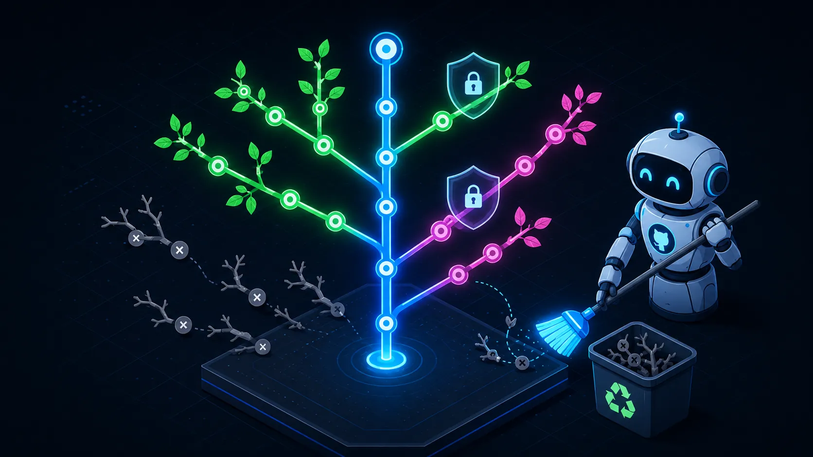 A robot broom sweeping dead branches from a healthy git tree